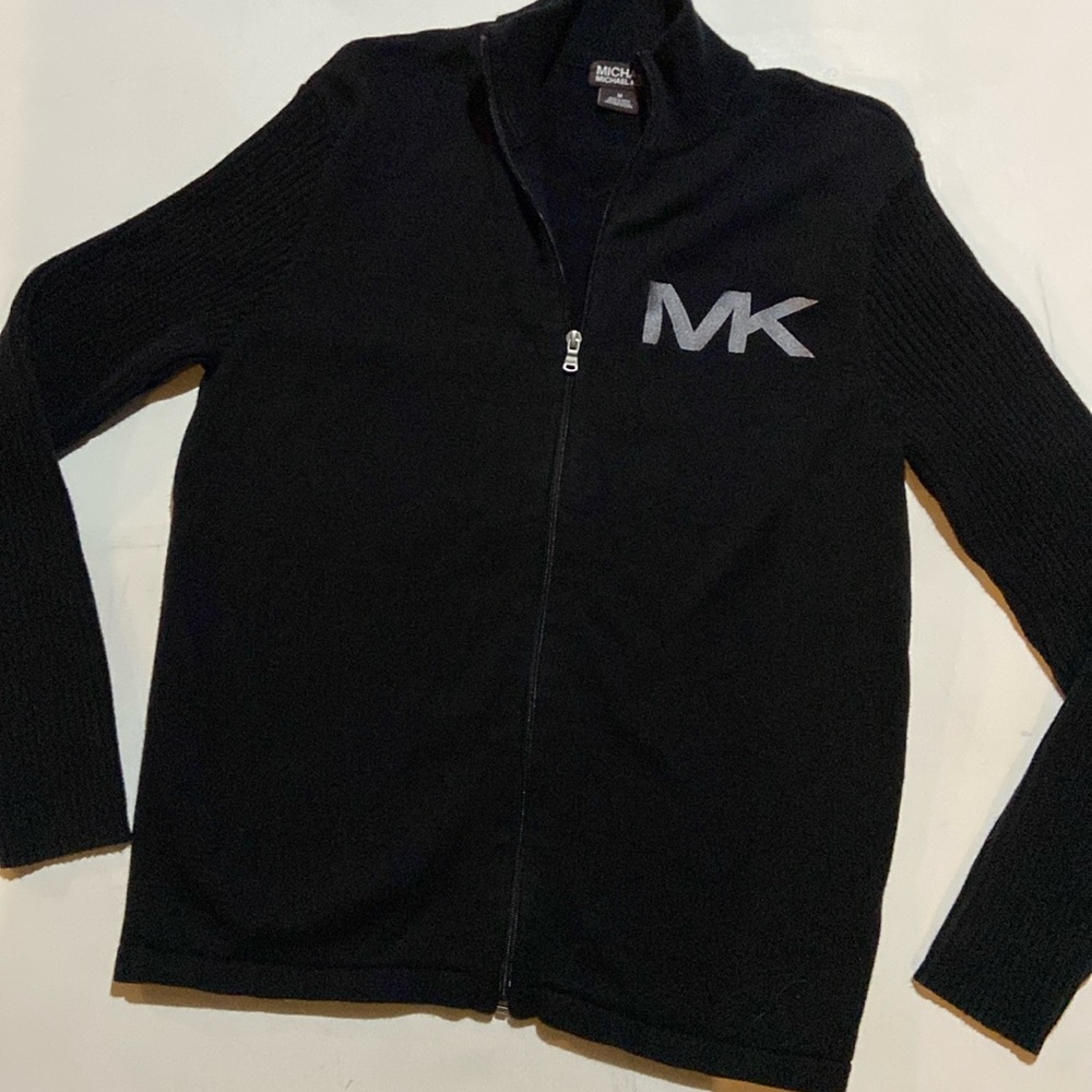 MENS MICHAEL KORS FULL ZIP SWEATER BLACK WITH EMBROIDERED LOGO “MK” SZ MEDIUM